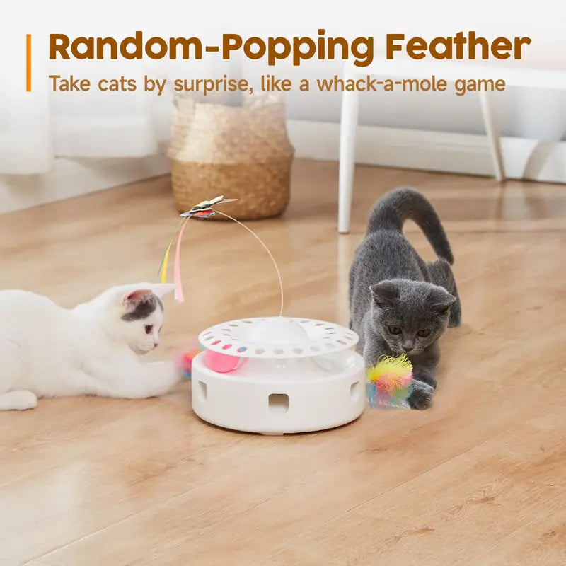 Potaroma 3-In-1 Quiet Motor Automatic Interactive Cat Toy - PP Resin Exercise Aid with Butterfly, Feather, Track Balls, Dual Power (USB, 4 AA Batteries), Easy Reactivation for Indoor Cats' Mental Stimulation, Automatic Play, Encourages Hunting