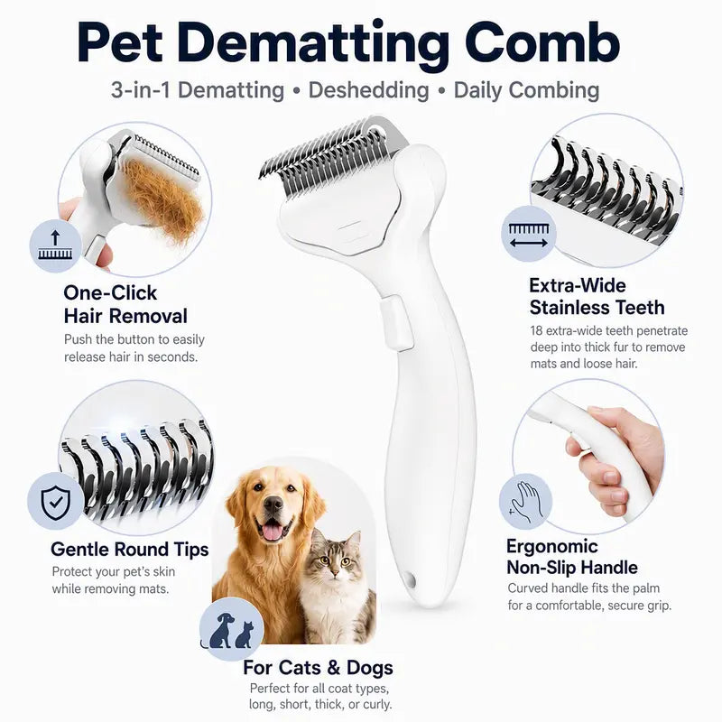Dog & Cat Universal Deshedding Tool - 1-Button Self-Cleaning Hair Release, Extra Wide Grooming Brush with Stainless Teeth for Mess-Free Loose Fur, Mats, Undercoat Hair Removal on All Coat Types