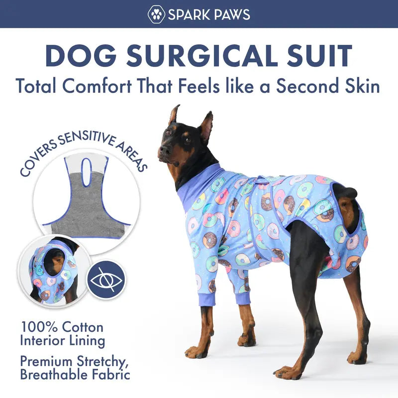 Spark Paws Dog Surgery Recovery Suit - Post-Surgery Recovery Onesie, Anti-Lick Abdominal Wound Protector, Soft Cone Alternative for Spay/Neuter - Donuts - Size S
