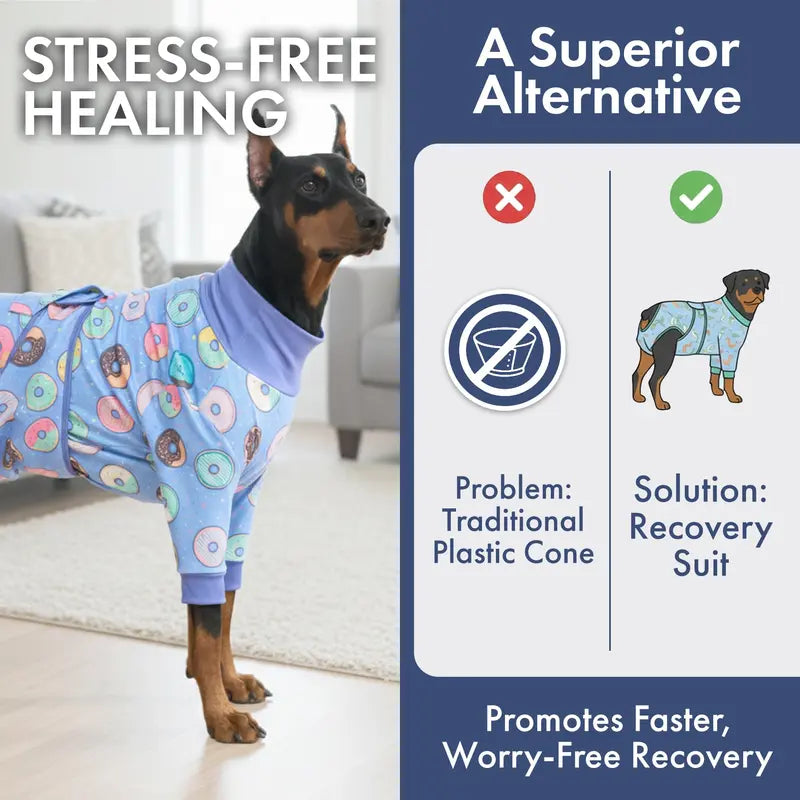 Spark Paws Dog Surgery Recovery Suit - Post-Surgery Recovery Onesie, Anti-Lick Abdominal Wound Protector, Soft Cone Alternative for Spay/Neuter - Donuts - Size S