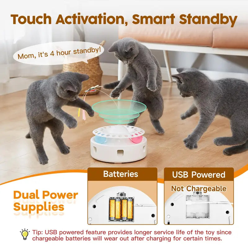 Potaroma 3-In-1 Quiet Motor Automatic Interactive Cat Toy - PP Resin Exercise Aid with Butterfly, Feather, Track Balls, Dual Power (USB, 4 AA Batteries), Easy Reactivation for Indoor Cats' Mental Stimulation, Automatic Play, Encourages Hunting