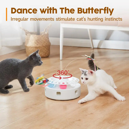 Potaroma 3-In-1 Quiet Motor Automatic Interactive Cat Toy - PP Resin Exercise Aid with Butterfly, Feather, Track Balls, Dual Power (USB, 4 AA Batteries), Easy Reactivation for Indoor Cats' Mental Stimulation, Automatic Play, Encourages Hunting