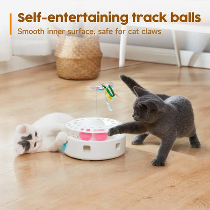Potaroma 3-In-1 Quiet Motor Automatic Interactive Cat Toy - PP Resin Exercise Aid with Butterfly, Feather, Track Balls, Dual Power (USB, 4 AA Batteries), Easy Reactivation for Indoor Cats' Mental Stimulation, Automatic Play, Encourages Hunting