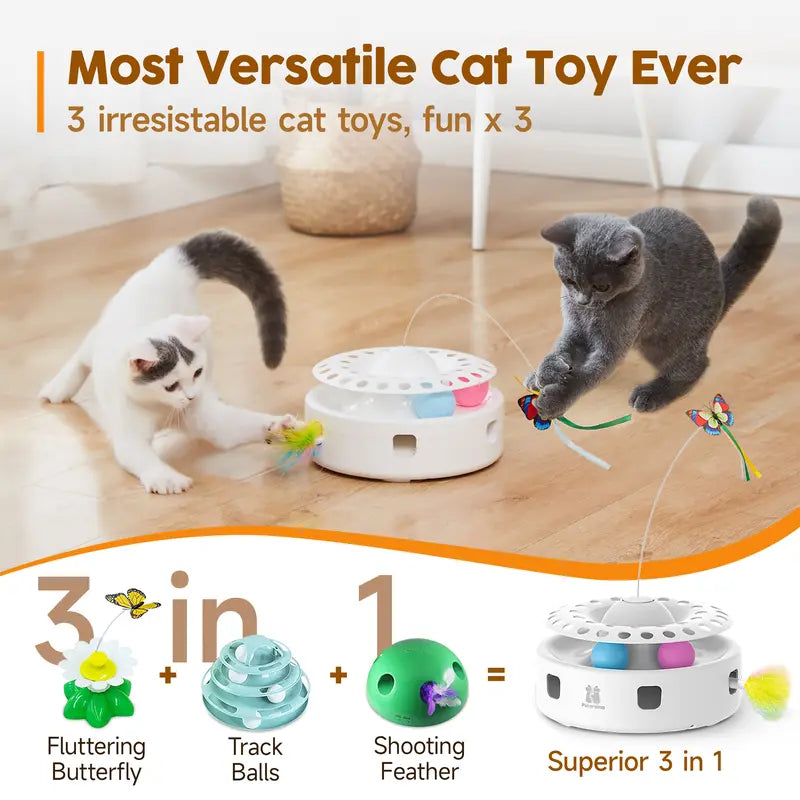Potaroma 3-In-1 Quiet Motor Automatic Interactive Cat Toy - PP Resin Exercise Aid with Butterfly, Feather, Track Balls, Dual Power (USB, 4 AA Batteries), Easy Reactivation for Indoor Cats' Mental Stimulation, Automatic Play, Encourages Hunting