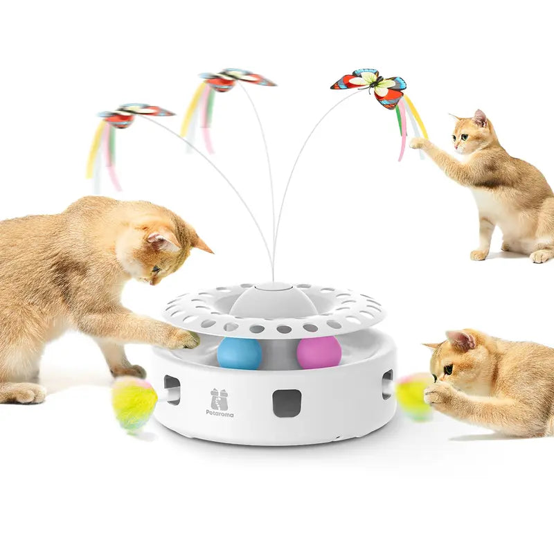 Potaroma 3-In-1 Quiet Motor Automatic Interactive Cat Toy - PP Resin Exercise Aid with Butterfly, Feather, Track Balls, Dual Power (USB, 4 AA Batteries), Easy Reactivation for Indoor Cats' Mental Stimulation, Automatic Play, Encourages Hunting